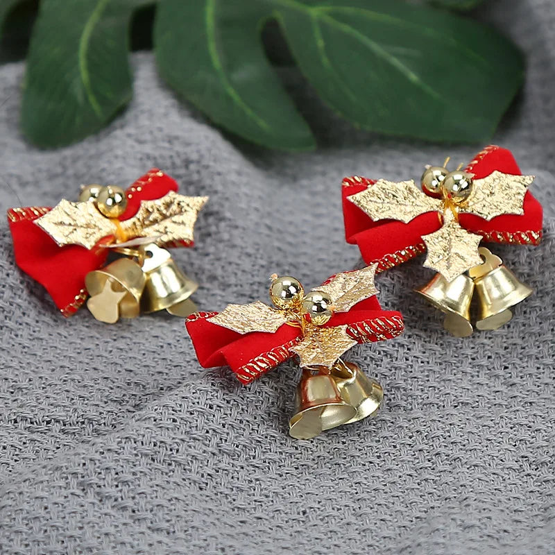 Christmas Mini Bowknot Jingle Bell Xmas Trees Hanging Pendant Small Bow with Bell Ornament DIY Party Gifts New Year Decorations