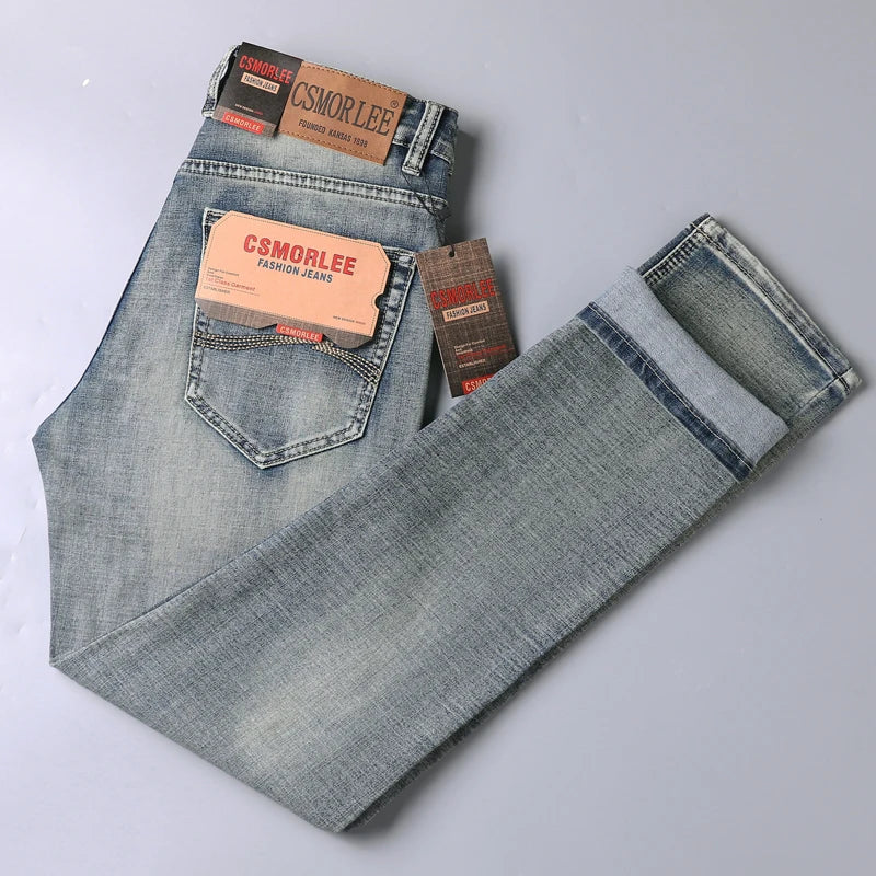 High-end Light Luxury Brand Jeans Men's Retro Slim Fit Straight Versatile Casual Gray Trousers Autumn and Winter Thick Jeans - You Offer