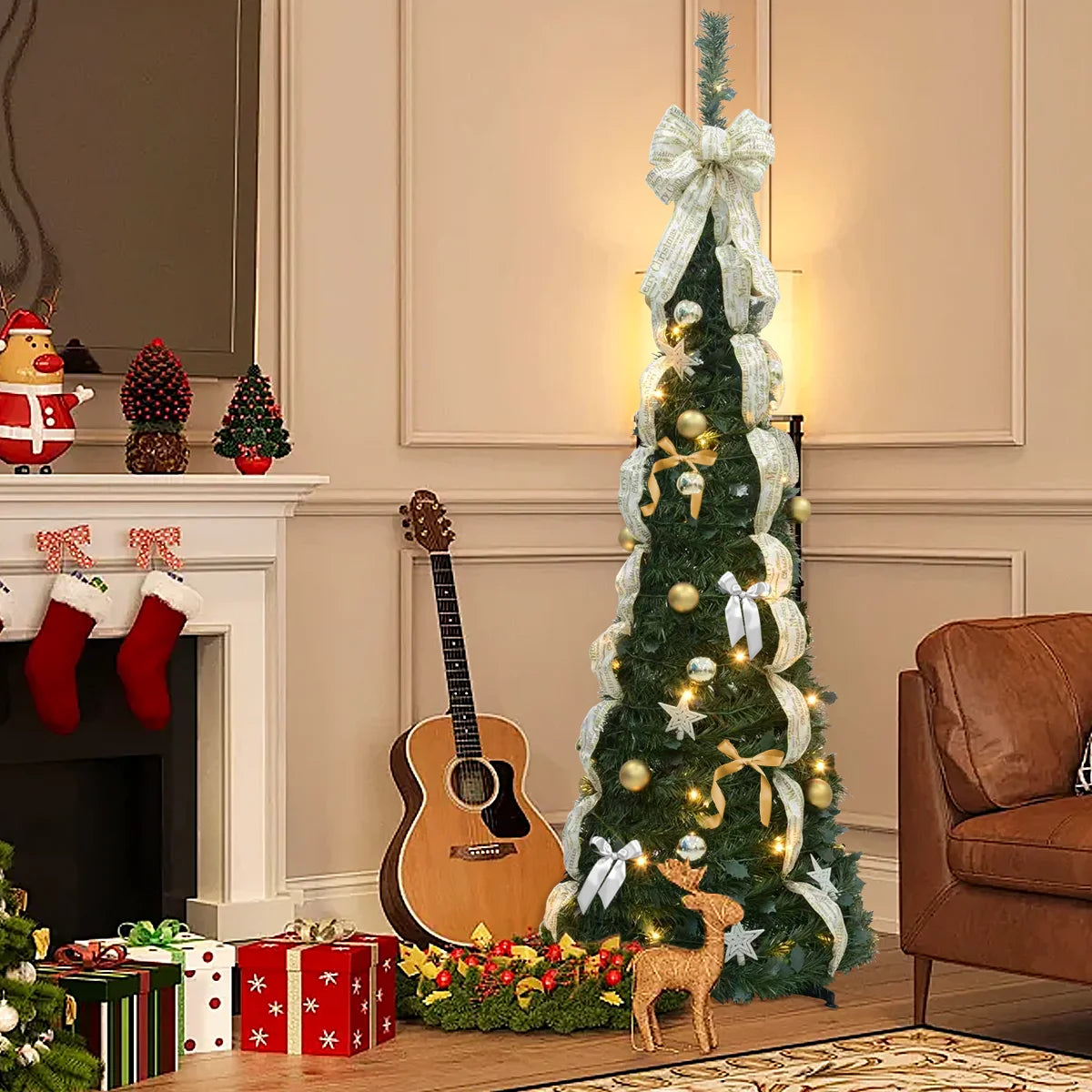 6FT/6.23FT Pre-lit Falling Snow Artificial Christmas Tree, Indoor, Holiday, DIY, Home, Room, Kitchen, Party, Christmas Decor