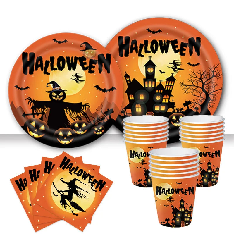 114pcs Halloween Decorations Pumpkin Tableware Set Paper Plates Cups Napkins Banner Tablecloth Halloween Night Party Supplies