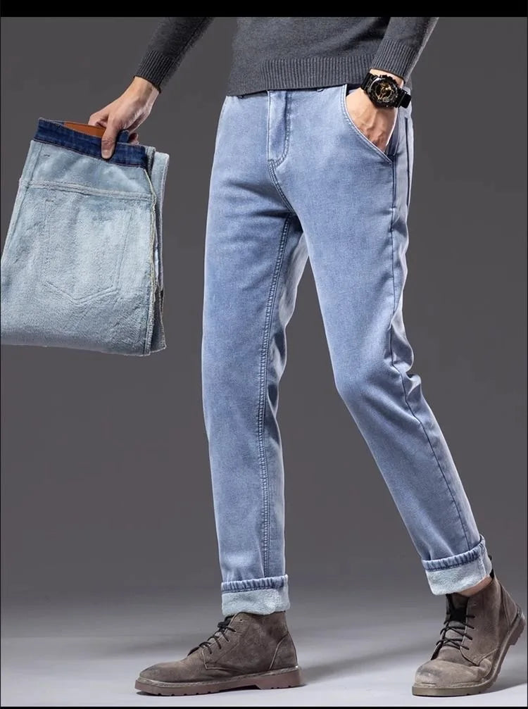 New Autumn and Winter Fashion Trend With Thick Fleece and Warm Straight Leg Blue Jeans For Men's Casual Sports High-end Jeans - You Offer