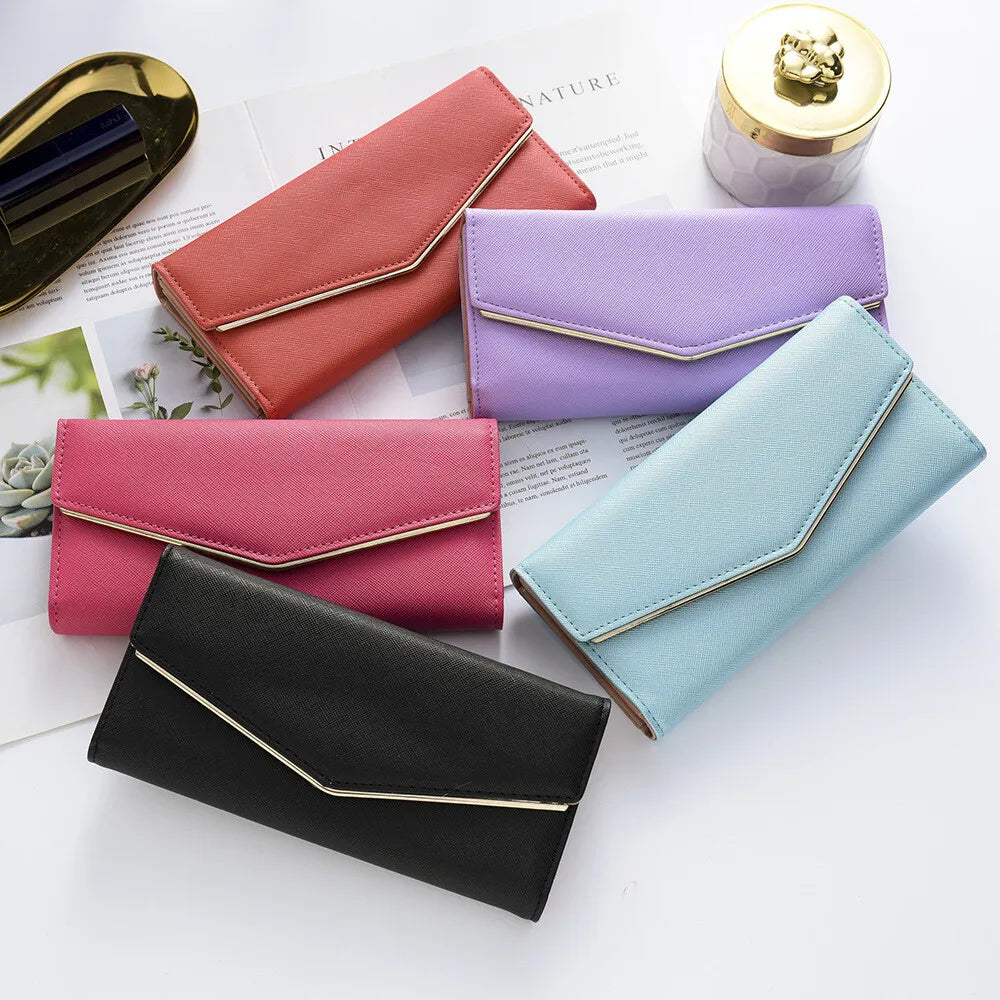 Women Envelope Style Tri-fold Wallet Solid Color Credit Card Holder Coin Money Purse Phone Handbag - You Offer