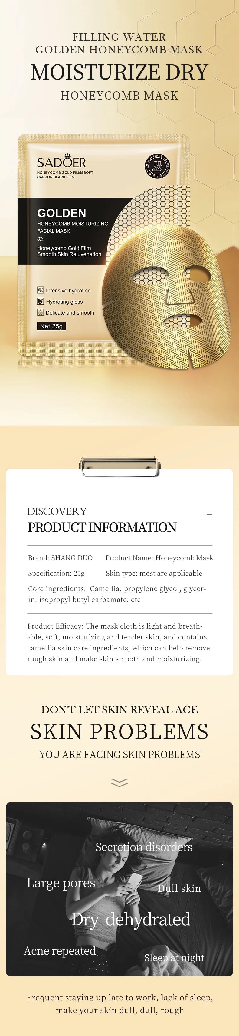 10 Pieces Golden Honeycomb Facial Mask Oil Control Moisturizing Brightening Skin Tone and Soft Skin for All Kinds Skins