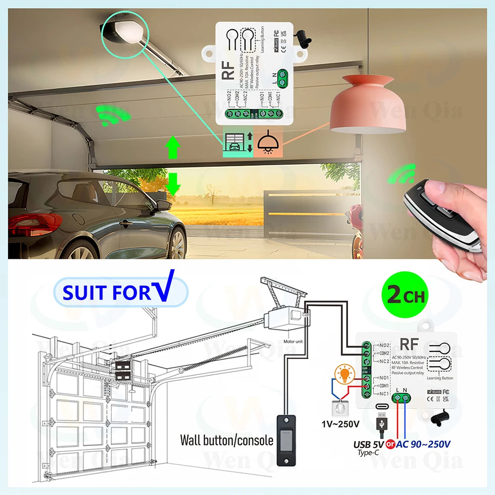 433MHz Universal Wireless Remote Control Switch 2 CH,AC 110V 220V RF Relay Receiver,for Light/Fan/Motor/Garage Door Opener etc