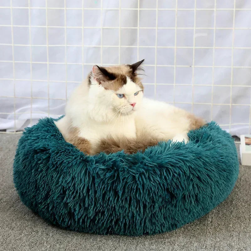Round Plush Pet Bed - Self Warming Kennel, Machine Washable Mat with Non-Slip Bottom, Soft Cushion House Bed for Cats Dogs