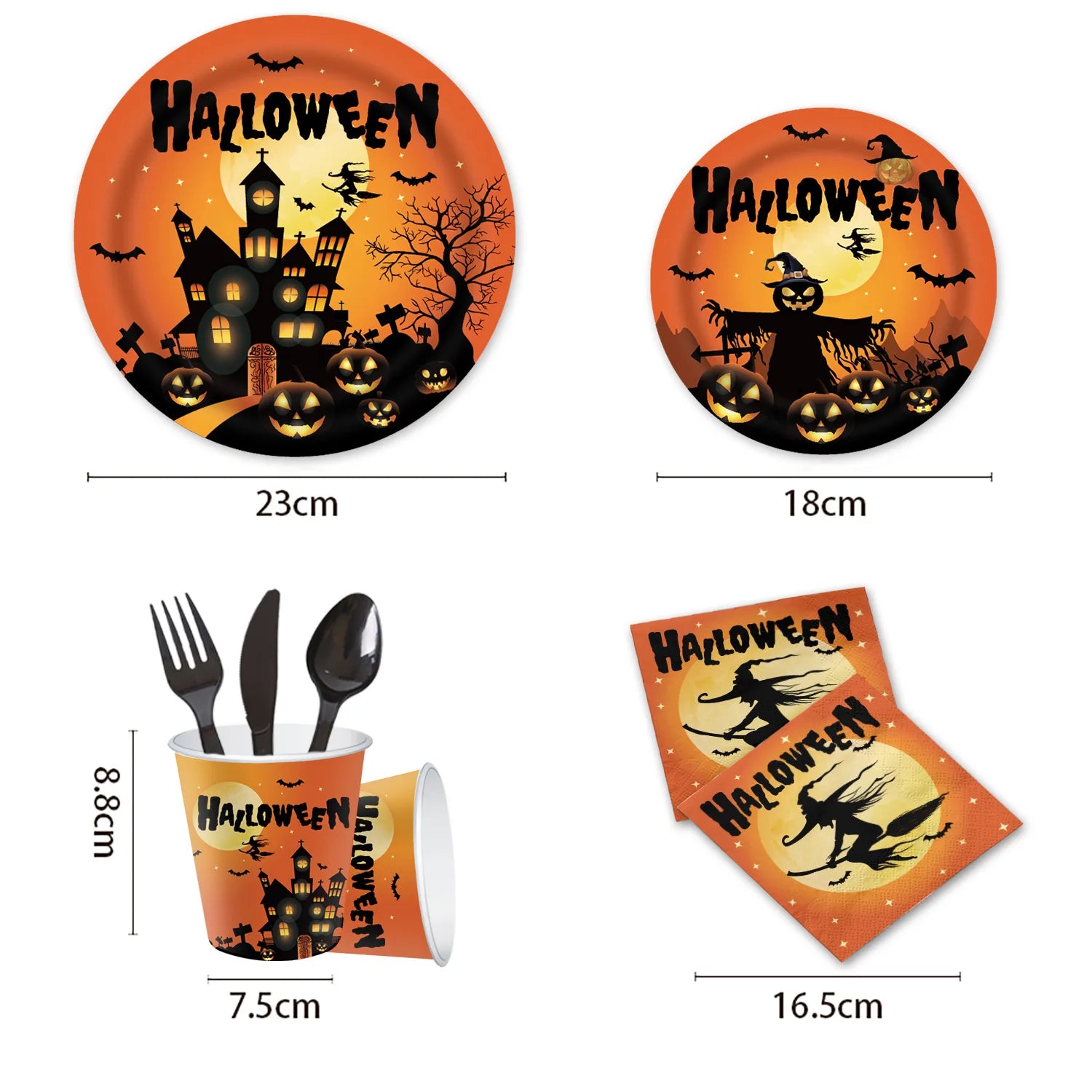 114pcs Halloween Decorations Pumpkin Tableware Set Paper Plates Cups Napkins Banner Tablecloth Halloween Night Party Supplies