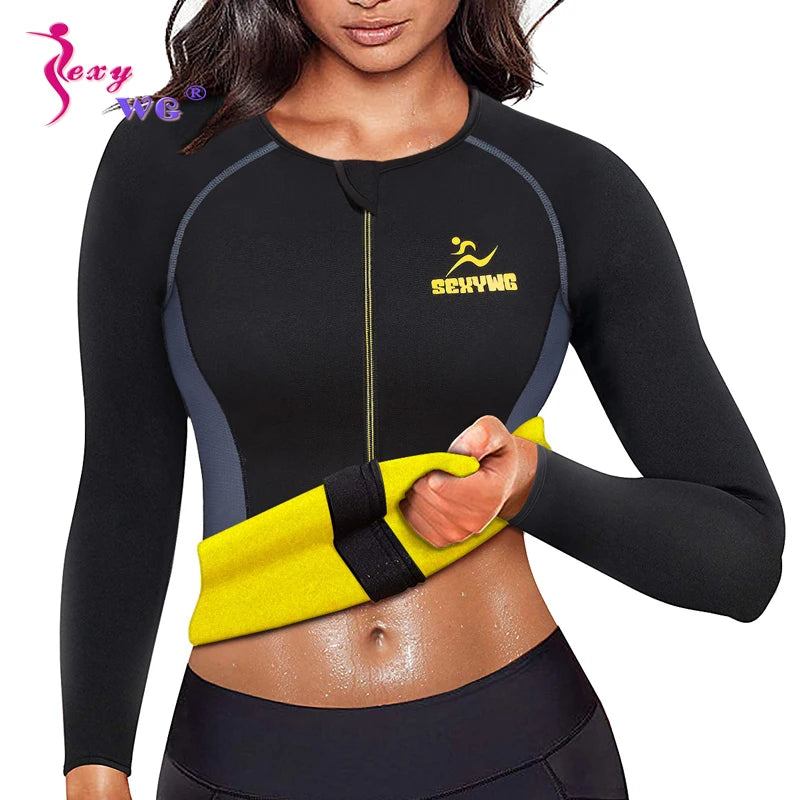 SEXYWG Slimming Body Shaper Fitness Women Neoprene Sauna Jacket Waist Trainer Shapewear Zipper Yoga Shirt Long Sleeve Blouse - You Offer