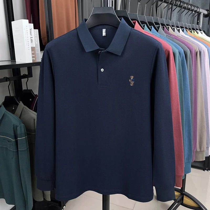 100% pure cotton men's trendy luxury brand autumn long sleeved polo shirt designer teddy bear embroidery business casual T-shirt