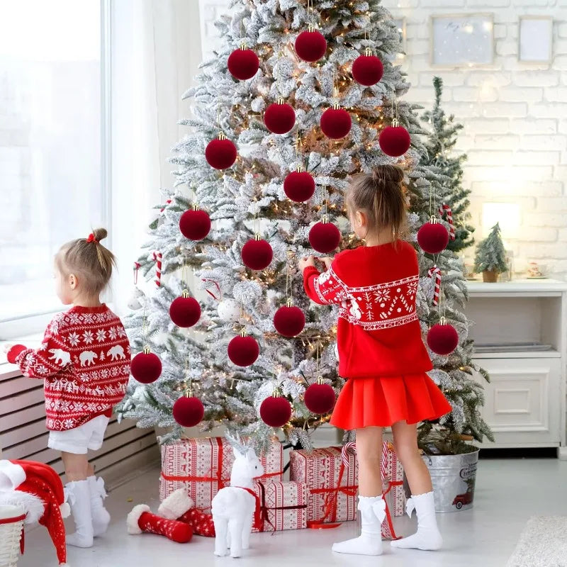6-30pcs Red Flocked Balls Christmas Ornaments Xmas Tree Hanging Pendents Velvet Ball Wedding Holiday Party Home Decoration