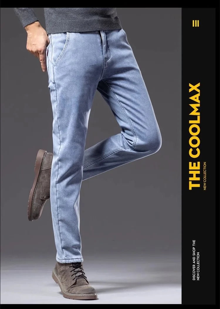 New Autumn and Winter Fashion Trend With Thick Fleece and Warm Straight Leg Blue Jeans For Men's Casual Sports High-end Jeans - You Offer