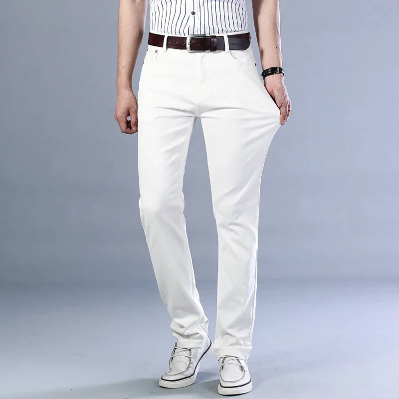 Men's Jeans Pure White Fashion Elastic Slim Youth Slimming Straight Leg Male Pants Business Casual Middle Age High End Trousers - You Offer