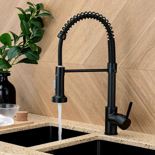 Matte Black Kitchen Sink Faucet One Handle Spring Hot and Cold Water Tap Deck Mounted Bathroom Chrome Kitchen Crane - You Offer