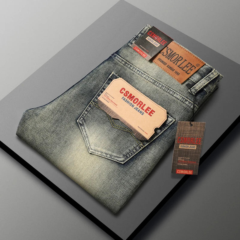 High-end Light Luxury Brand Jeans Men's Retro Slim Fit Straight Versatile Casual Gray Trousers Autumn and Winter Thick Jeans - You Offer