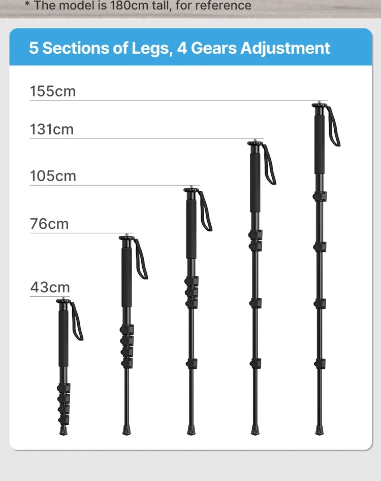 Ulanzi TB12 Monopod Extendable Camera Tripod Load 5kg 155cm/61”  Phone Selfie Stick 1/4" Mount for Sony Canon Nikon Camera DSLR