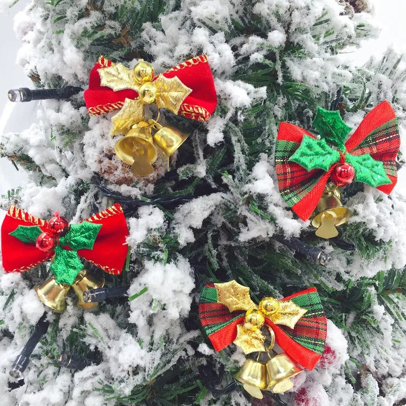 Christmas Mini Bowknot Jingle Bell Xmas Trees Hanging Pendant Small Bow with Bell Ornament DIY Party Gifts New Year Decorations