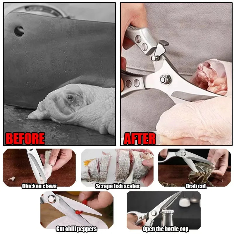 Multifunctional Stainless Steel Scissors BBQ Tongs Kitchen Tool Food Tongs Chicken Bone Tongs Outdoor Camping Utility Knife