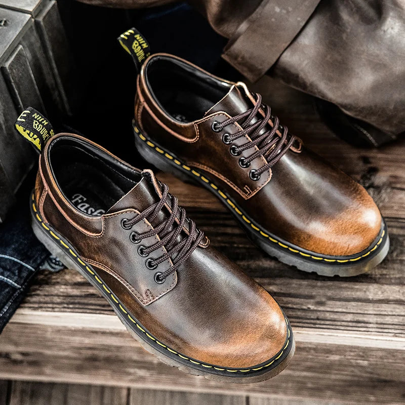 Men's casual leather low-top heightening large-head work boots breathable versatile British cow tendon sole derby shoes