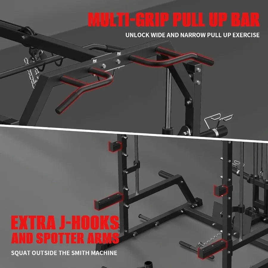 Smith Machine Power Rack with LAT Pulldown System Power Cage with Cable System Squat Rack for Home Gym with Chest Press Machine