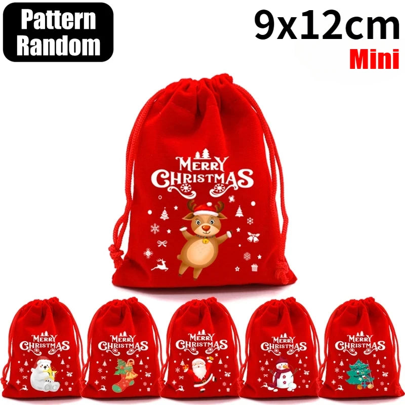 Christmas Drawstring Bags Velvet Cartoon Santa Claus Snowman Candy Snakcs Gifts Bags for Xmas Tree Party Home Packaging Pouches