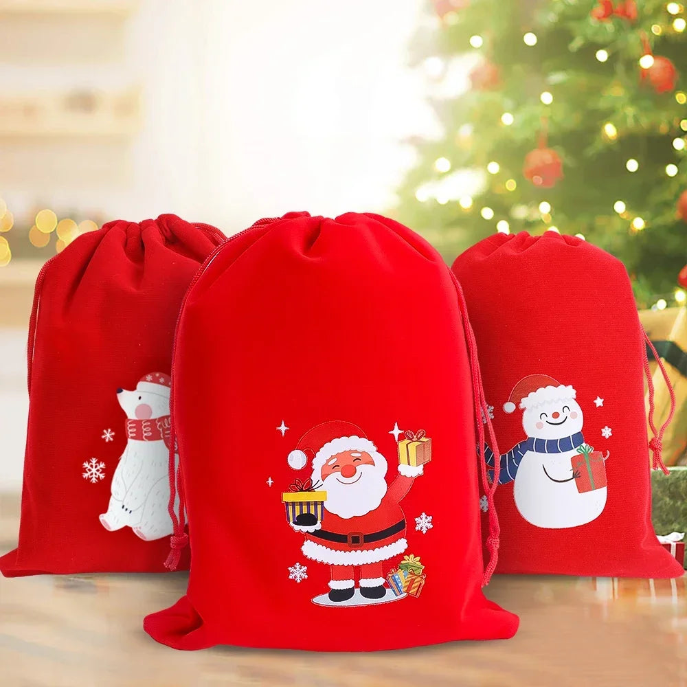 Christmas Drawstring Bags Velvet Cartoon Santa Claus Snowman Candy Snakcs Gifts Bags for Xmas Tree Party Home Packaging Pouches