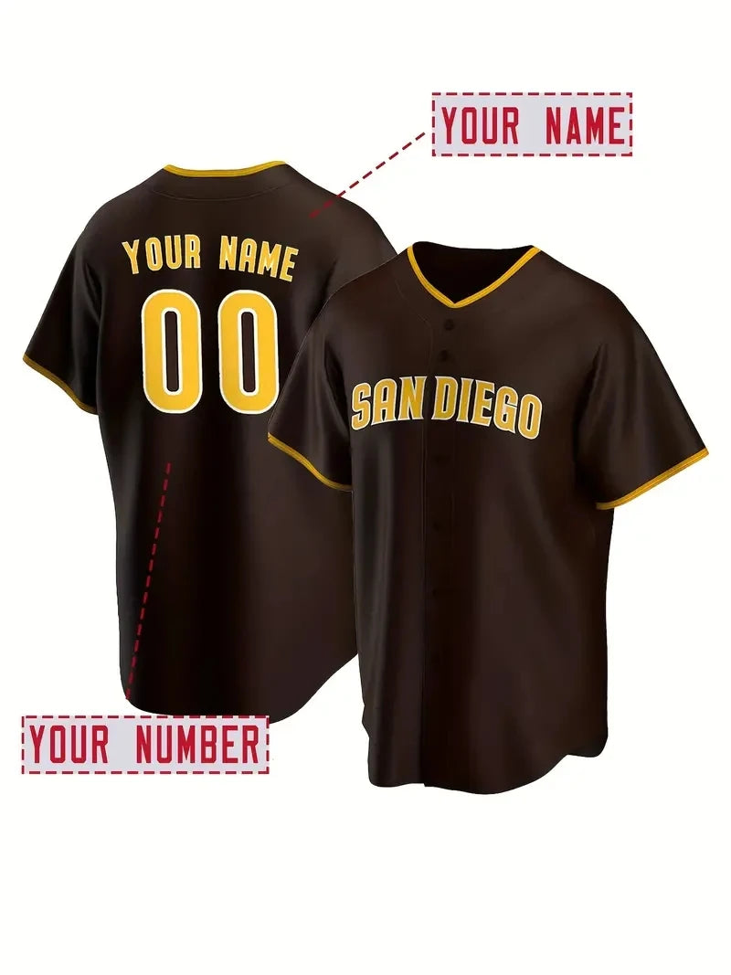 Custom Name And Number Men's Embroidery Baseball Jersey San Diego Personalized Short Sleeve Button Down Breathable DIY Shirts