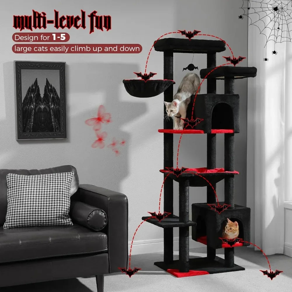 69-Inch Gothic Cat Tree for Indoor Large Cats With Super Large Hammock, Tall Climbing Tower, Scratching Posts