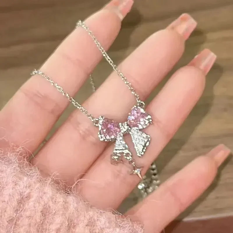 Fashion Fairy Pink Crystal Bow Knot Pendant Necklaces Y2K Girls Sweet Rhinestone Heart Clavicle Chain Women Jewelry Gifts - You Offer