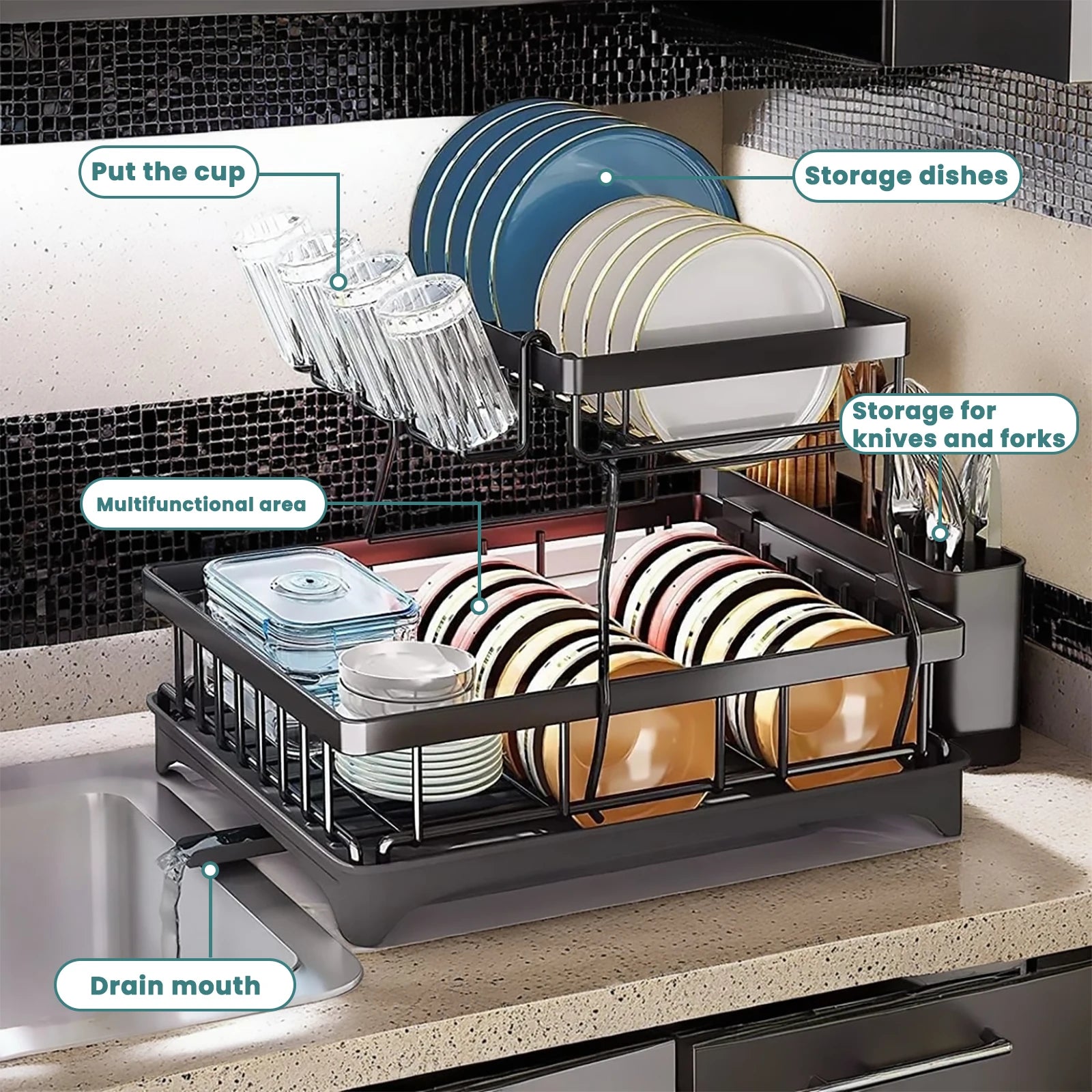 Large 2-tier dish drying rack for kitchen countertops, removable large-capacity dish draining rack - You Offer