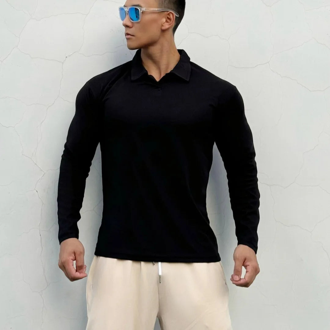 Men's New-style Henry Collar Large Polo Sports And Fitness Breathable Casual Training High-elastic Long-sleeved T-shirt
