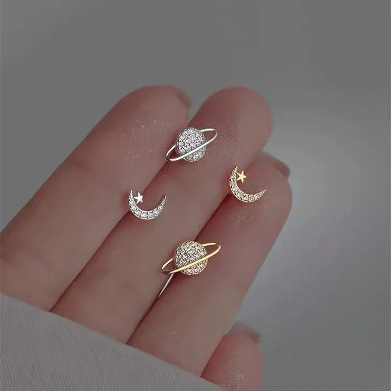 Simple Zircon Star Moon Planet Stud Earrings for Women Gold/Silver Color Asymmetry Ear Pendants Fashion Jewelry - You Offer