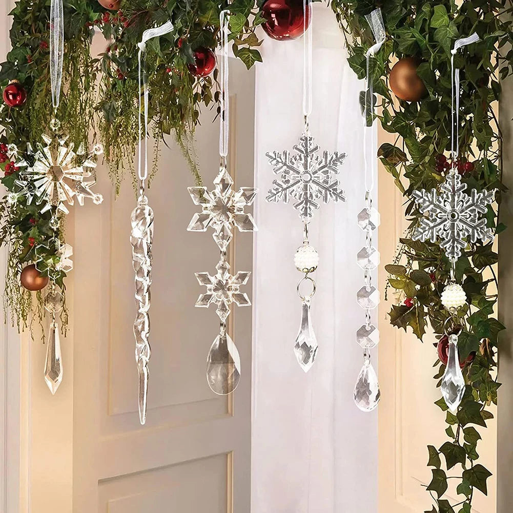 Crystal Clear Snowflake Acrylic Ice Pendants Christmas Tree Hanging Ornaments Icicle Water Drop Decoration For Xmas Party Decor