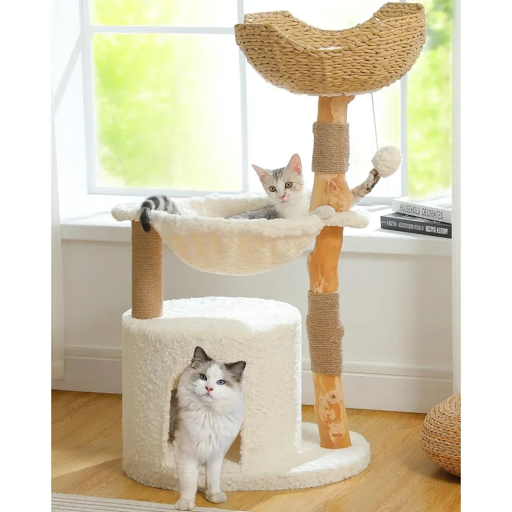 Modern Cat Tree for Large Cats, Wood Cat Tower for Indoor Cats, Real Branch Luxury Cat Furniture with Super Large Cozy Condo