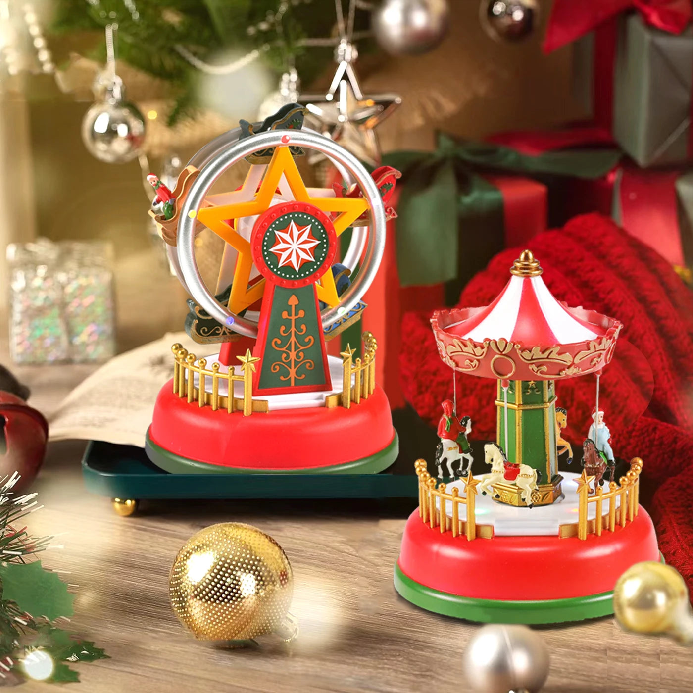 Christmas Luminous Music Carousel Ferris Wheel Christmas Eve Gift Ornament Glowing Carouse Xmas Party Night Light Decoration
