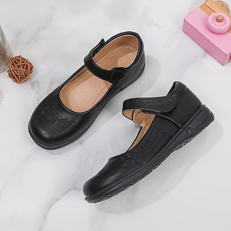 [School Essential] Girls' Black Mary Jane Flats with Bow Detail - Non-Slip, Comfortable PU Insole, Round Toe Casual & Performance Shoes for Students, Perfect for Spring/Autumn, Casual Youngsters Shoes|Strap Adornment Footwear