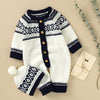 Newborn Infant Geometric Pattern Sweater Romper Long Sleeve Button Jumpsuit & Hat For Toddler Baby Boys And Girls, Suitable For Indoor And Outdoor Wear