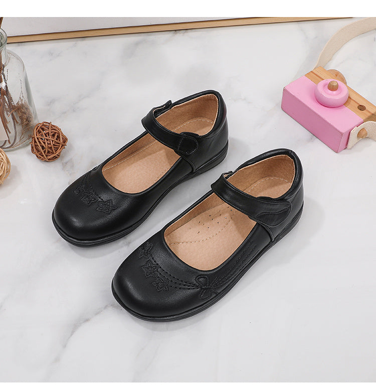 [School Essential] Girls' Black Mary Jane Flats with Bow Detail - Non-Slip, Comfortable PU Insole, Round Toe Casual & Performance Shoes for Students, Perfect for Spring/Autumn, Casual Youngsters Shoes|Strap Adornment Footwear
