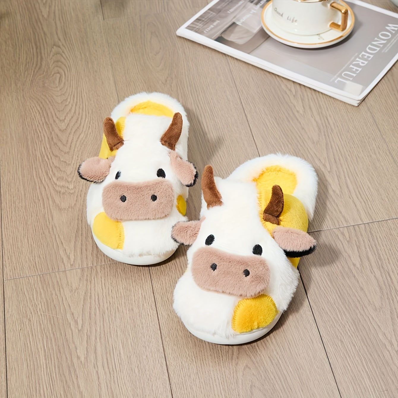 [Cozy Cow Plush Slippers] Warm Cozy Home Cute Cartoon Cow Plush Half-Wrap Slippers | Couple's Matching Thickened