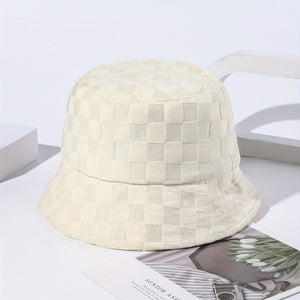Plaid Embossed Bucket Hat Solid Color Trendy Casual Basin Hat Unisex Couple Fisherman Cap For Women Men