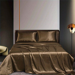 This 4pcs Satin Bed Sheet Set Includes One Fitted Sheet, One Flat Sheet, And Two Pillowcases Without Inserts. The Solid Color Showcases a Simple And Elegant Design That Never Goes Out of Style. Made from Polyester, The Fabric