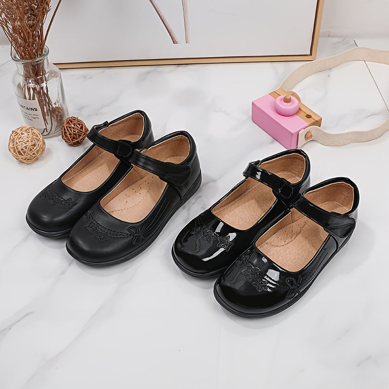 [School Essential] Girls' Black Mary Jane Flats with Bow Detail - Non-Slip, Comfortable PU Insole, Round Toe Casual & Performance Shoes for Students, Perfect for Spring/Autumn, Casual Youngsters Shoes|Strap Adornment Footwear