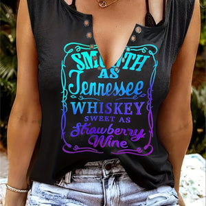 [Country Music Tank Top] Soft Pink Women's Tank Top | Smooth As Tennessee Whiskey Sweet As Strawberry Wine Sleeveless V-Neck Casual Shirt with Bold Letter Print, Thick Strap Country Music Style, Machine Washable All-Season We