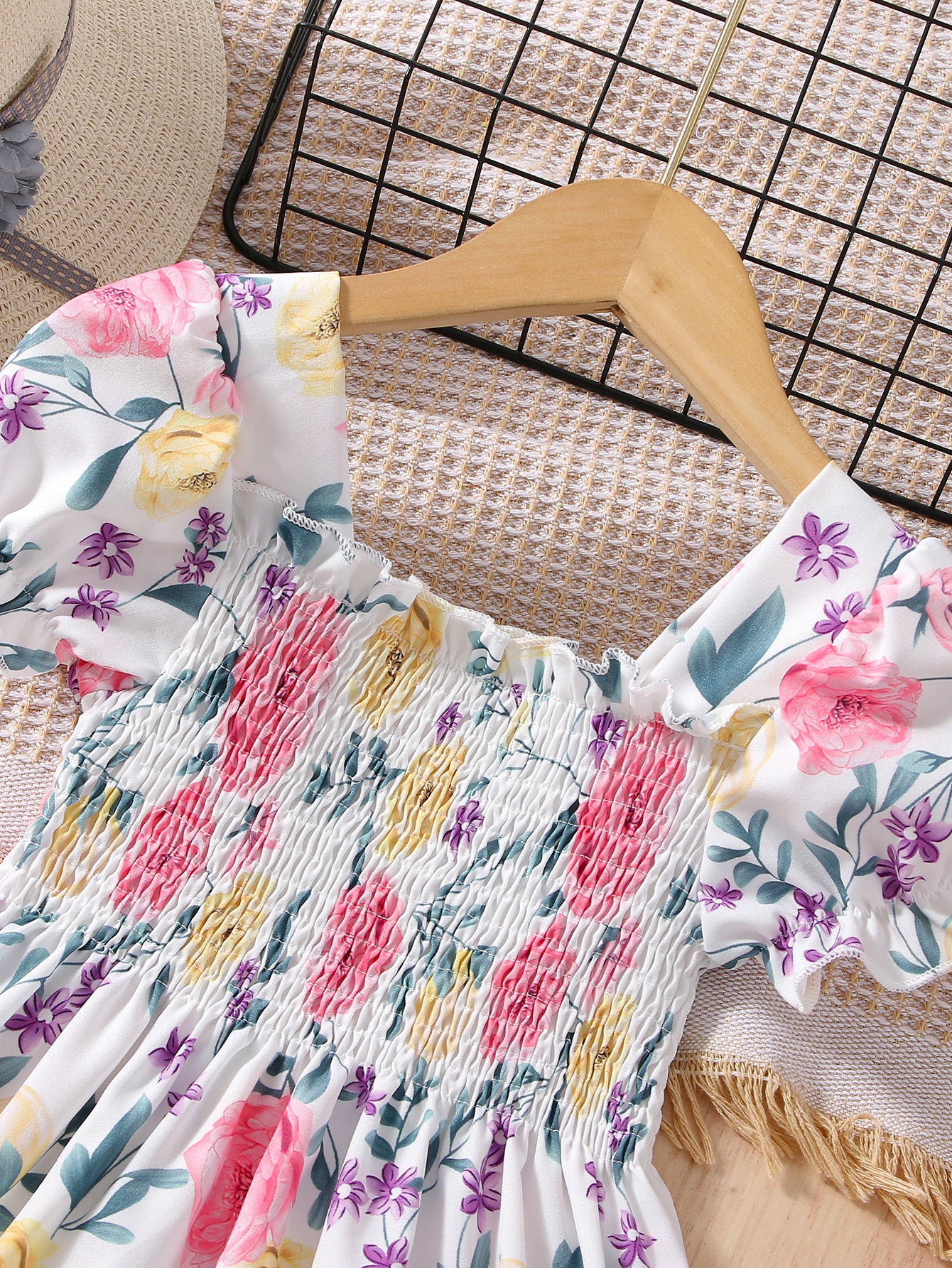 [Floral Party Dress] Floral Puff Sleeve Girls Party Dress | Shirred Ruffled Hem Kids Summer Clothes