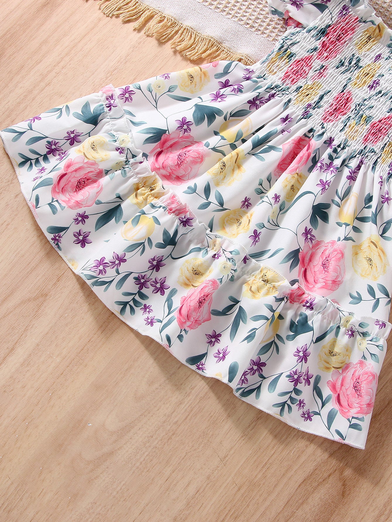 [Floral Party Dress] Floral Puff Sleeve Girls Party Dress | Shirred Ruffled Hem Kids Summer Clothes