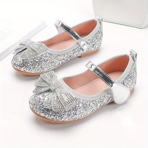 Sparkling Princess Mary Jane Ballet Flats - Soft Sole, Glitter Sequin, Rhinestone Bow Girls Shoes for Everyday Wear - Comfortable, Fashionable, and Durable