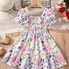 [Floral Party Dress] Floral Puff Sleeve Girls Party Dress | Shirred Ruffled Hem Kids Summer Clothes