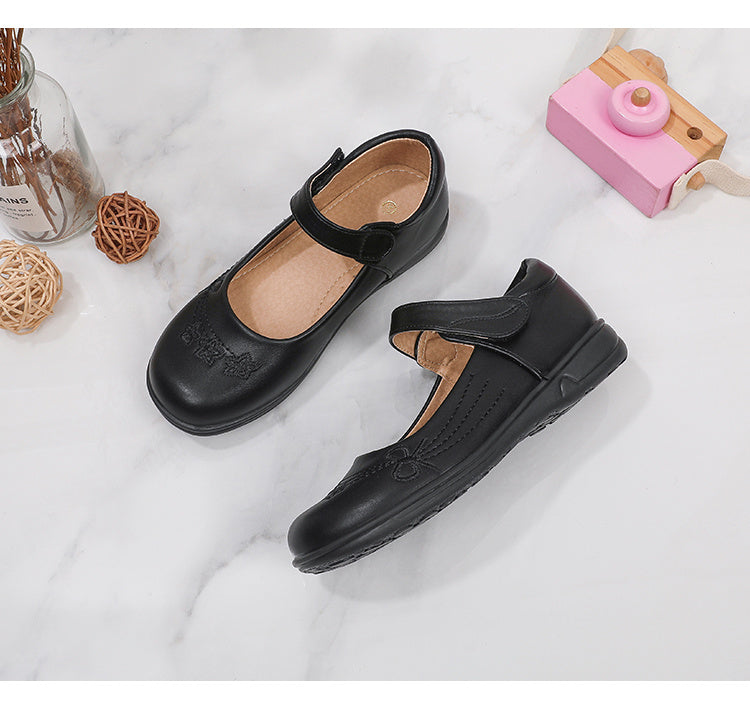 [School Essential] Girls' Black Mary Jane Flats with Bow Detail - Non-Slip, Comfortable PU Insole, Round Toe Casual & Performance Shoes for Students, Perfect for Spring/Autumn, Casual Youngsters Shoes|Strap Adornment Footwear