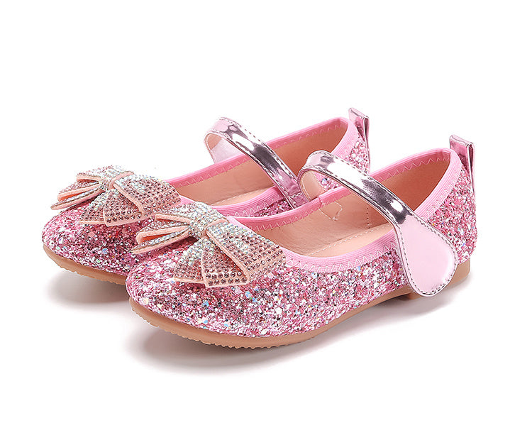 Sparkling Princess Mary Jane Ballet Flats - Soft Sole, Glitter Sequin, Rhinestone Bow Girls Shoes for Everyday Wear - Comfortable, Fashionable, and Durable