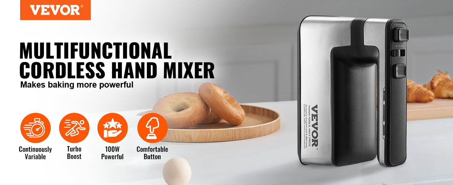 VEVOR Cordless Electric Hand Mixer Continuously Variable Electric Handheld Mixer Baking for Whipp Mixing Egg Cookie Cake Cream - You Offer