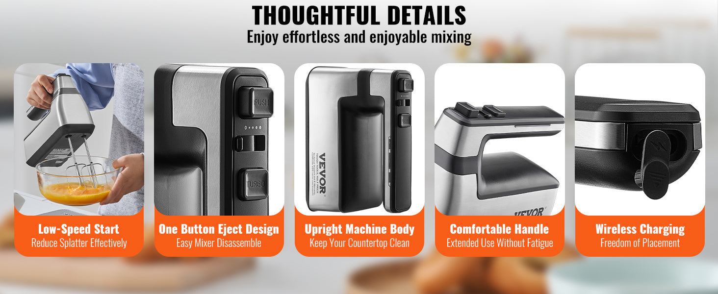 VEVOR Cordless Electric Hand Mixer Continuously Variable Electric Handheld Mixer Baking for Whipp Mixing Egg Cookie Cake Cream - You Offer