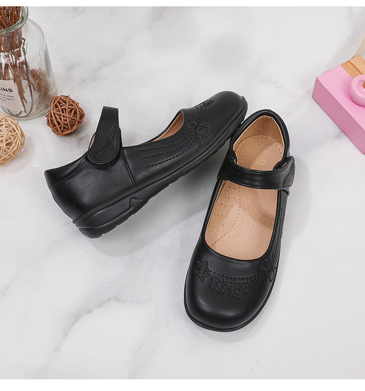 [School Essential] Girls' Black Mary Jane Flats with Bow Detail - Non-Slip, Comfortable PU Insole, Round Toe Casual & Performance Shoes for Students, Perfect for Spring/Autumn, Casual Youngsters Shoes|Strap Adornment Footwear